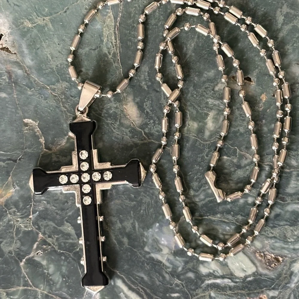 Black/Silver Clear Rhinestone Cross Pendant Chain Necklace